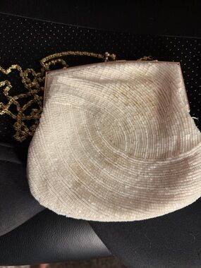 Beaded Evening Clutch Bag in Ivory with Gold Chain